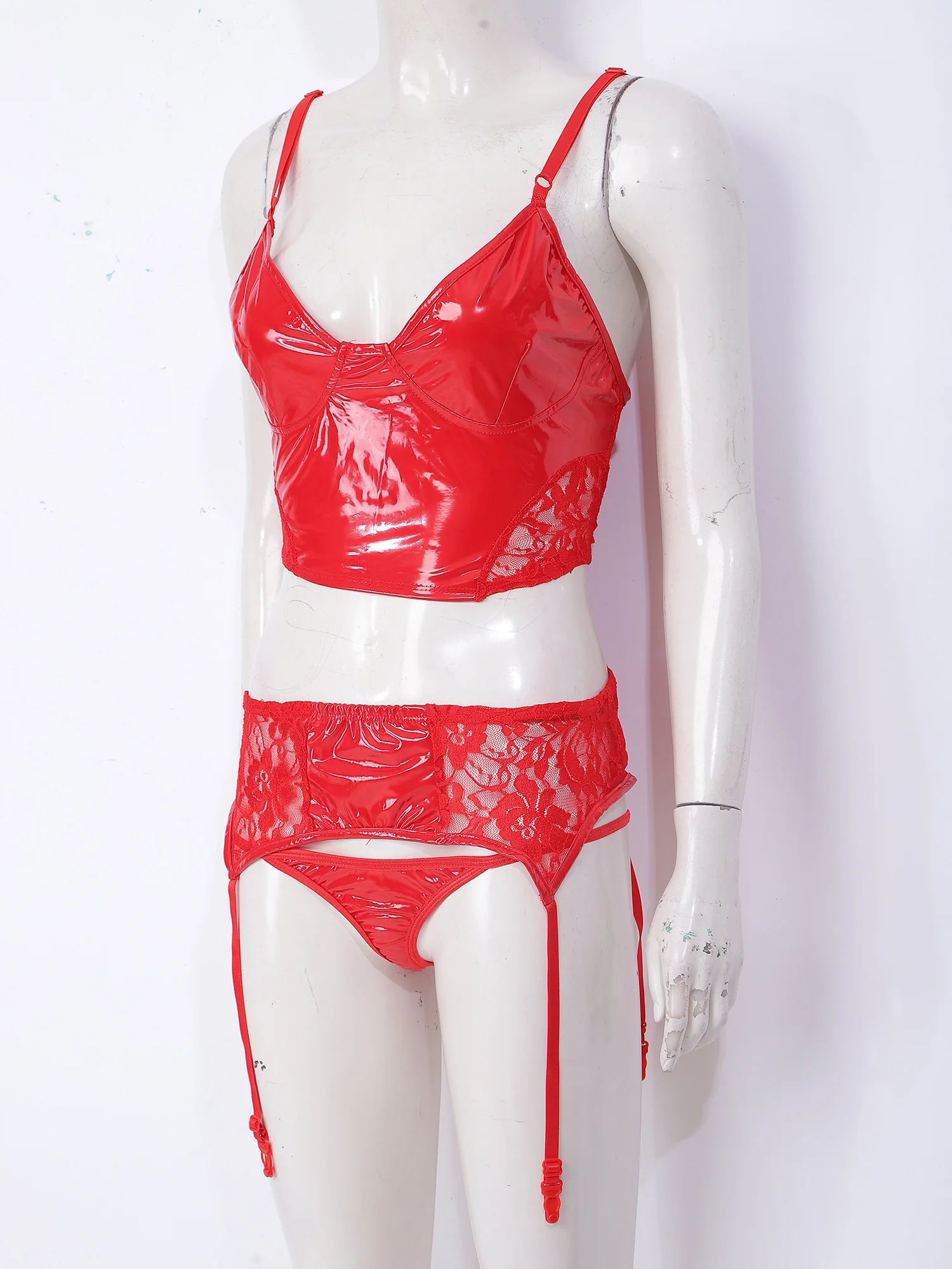 Womens PU Lace Patchwork Bikini Set Cami Crop Top With Garter Belt & Thong Bottom Women Stage Party Two‑Piece Swim Costume