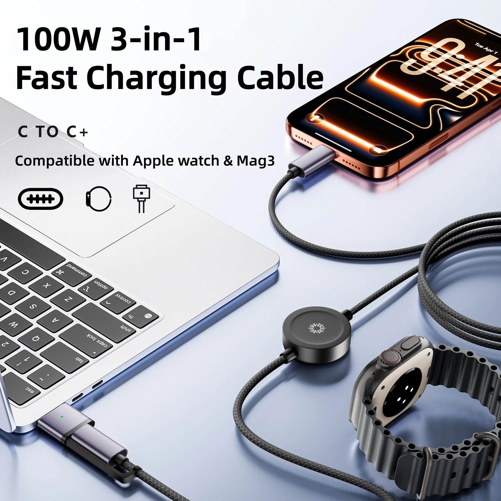 USB Type-C 3 in 1 Data Cable for Magsafe 3 PD 100W Charging Cable 480Mbps 150cm Data Cord for Apple Watch/MacBook/iPhone