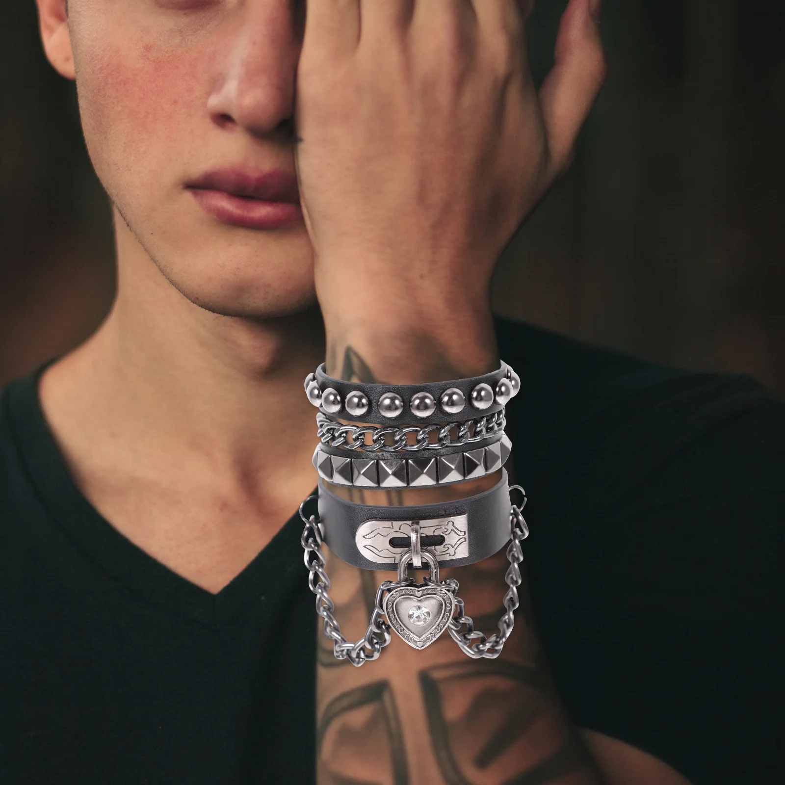 Multilayer Cuff Rivet Bracelet Punk Style Spiked Pendant Chain Wrist Decoration Adjustable For Men Women Gothic Jewelry