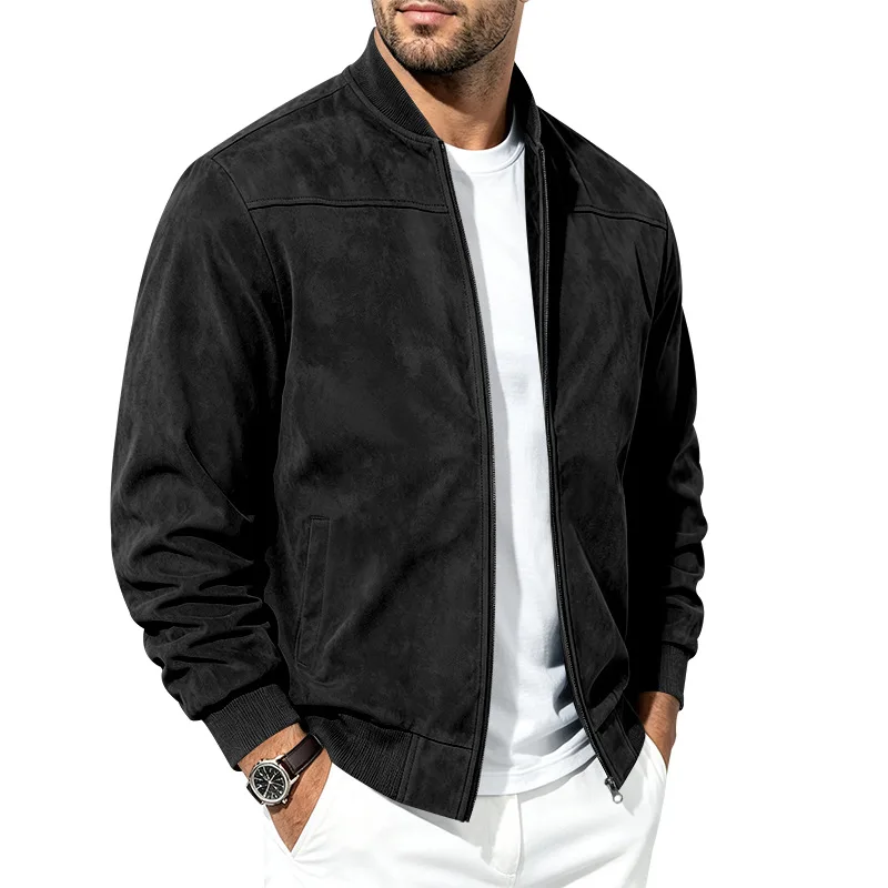 Herren Herbst- und Winter-Freizeitjacke in Übergröße aus Wildleder mit Reißverschluss und Stehkragen, Langarm – Detail 14