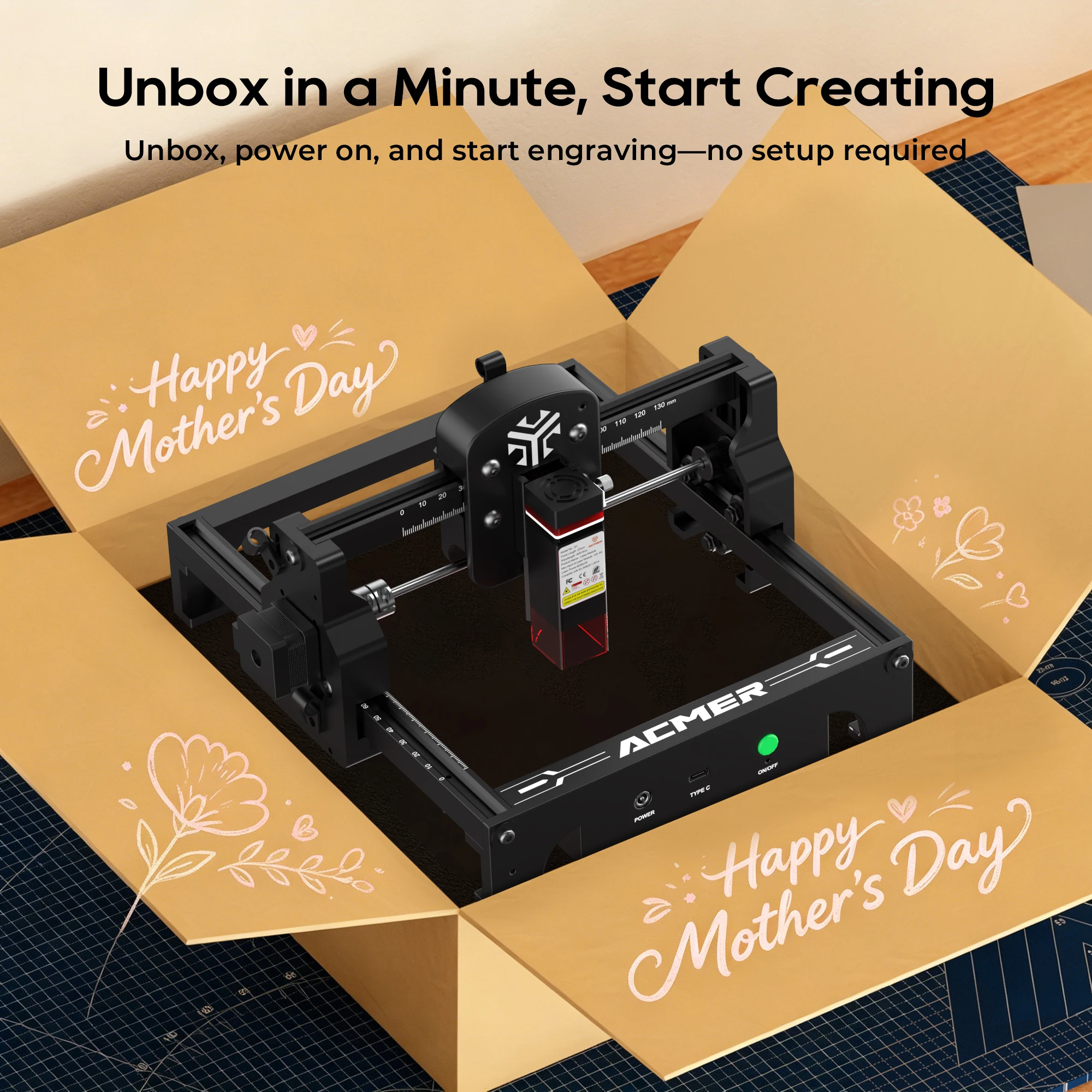 

ACMER S1 3.5/6W Laser Engraver,130×130mm,Pre-assembled for DIY,Engrave Wood&Leather to Create Custom Handmade Mother's Day Gifts