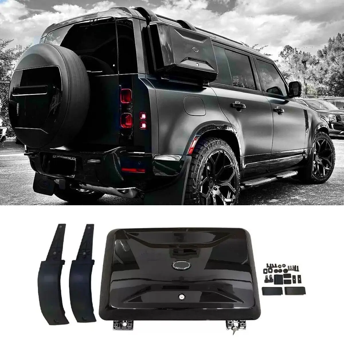 

Glossy Black Exterior Side Mounted Gear Box Carrier Fits For LR Defender 90 110 130 2020-2024