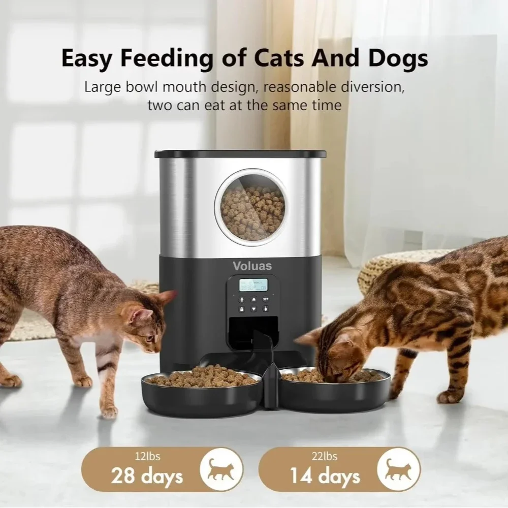 5L Pet Automatic Feeder Button Version Cat Food Dispenser Stainless Steel Double Bowl Timed Quantitative Feeder Dog Dry Food