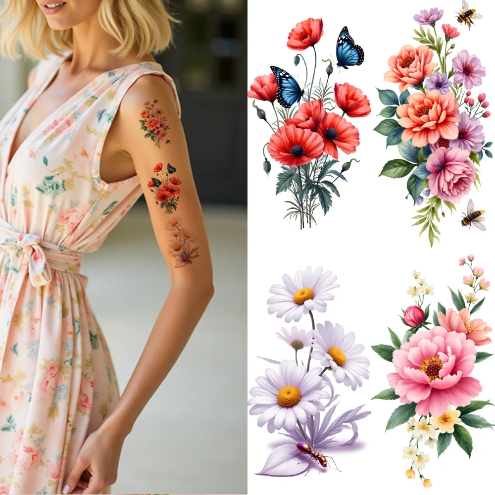 9 قطعة الوشم المؤقت الأزهار مقاوم للماء طويلة الأمد ارتفع فراشة الفاوانيا زهرة الجسم ملصق الكبار لصاقات وشم لساق الذراع