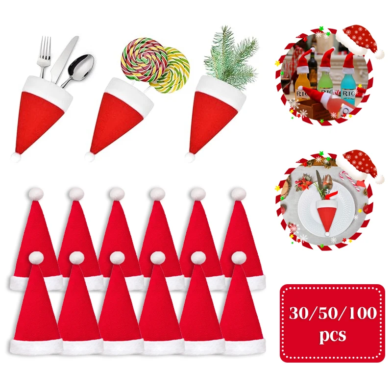 20-100Pcs Christmas Santa Hats Tableware Knife Fork Set Holder Xmas Wine Bottle Dinner Table Silverware Holders Party Decoration