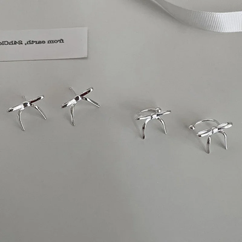 

PONYKISS 925 Sterling Silver Line Bowknot Ear Clip Stud Earrings for Women Minimalist Cute Fine Jewelry Light Luxury Accessories