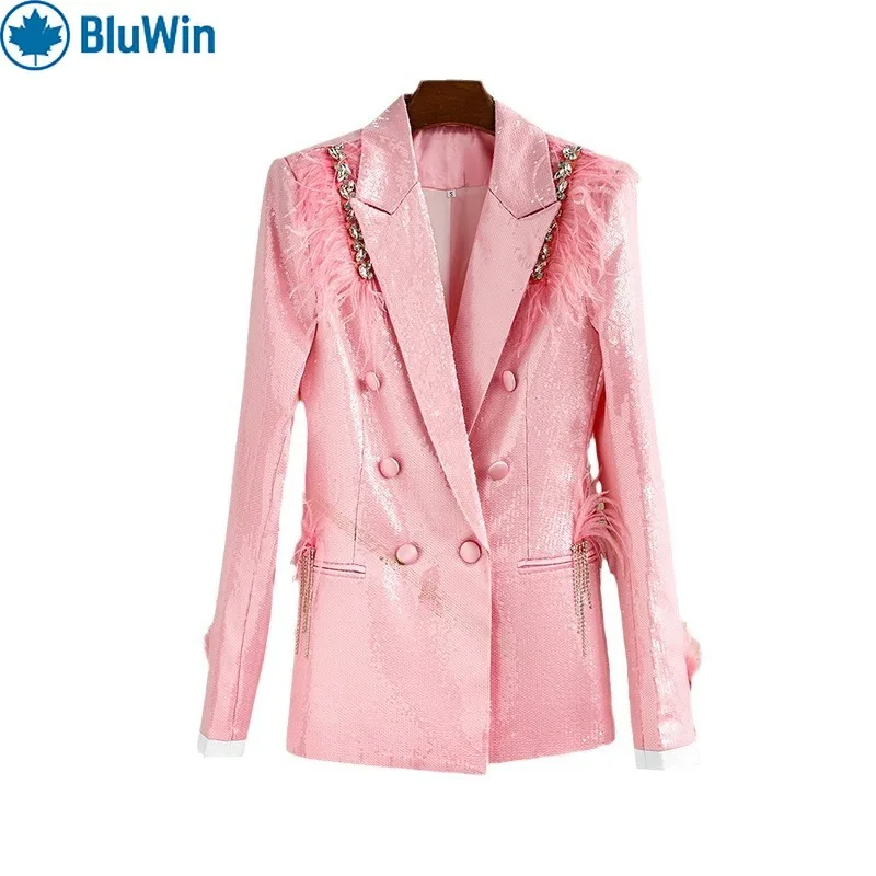 

URBANCHIC Sequin Feather Trim Blazer Women Double Breasted Notched Lapel Pink Party Evening Jacket