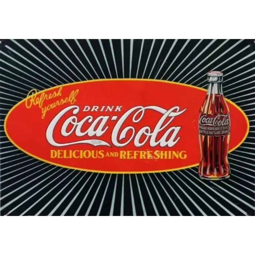 Aluminum metal vintage tin sign, bar wall decor, classic Coca-Cola glass bottle radiant black background retro wall ornament