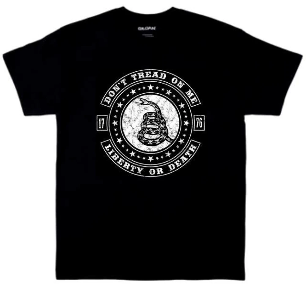 

Don't Tread on Me, Liberty or Death. 1776 Rattlesnake Patriotic Flag T-Shirt. Premium Cotton Short Sleeve O-Neck Mens T Shirt