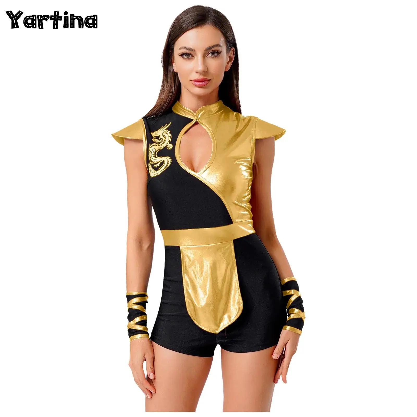 

Womens Metallic Shiny Bodysuit with Arm Warmers Halloween Ninjia Cosplay Costume Dragon Print Front Hollow Fly Sleeve Rompers