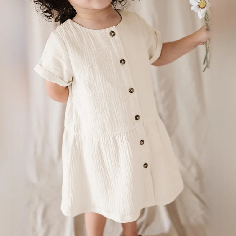 

Muslin 100% Cotton Children's Gauze Short-Sleeved Dress New Solid Color Collision Buttons Girls Round Neck A-Line Dresses