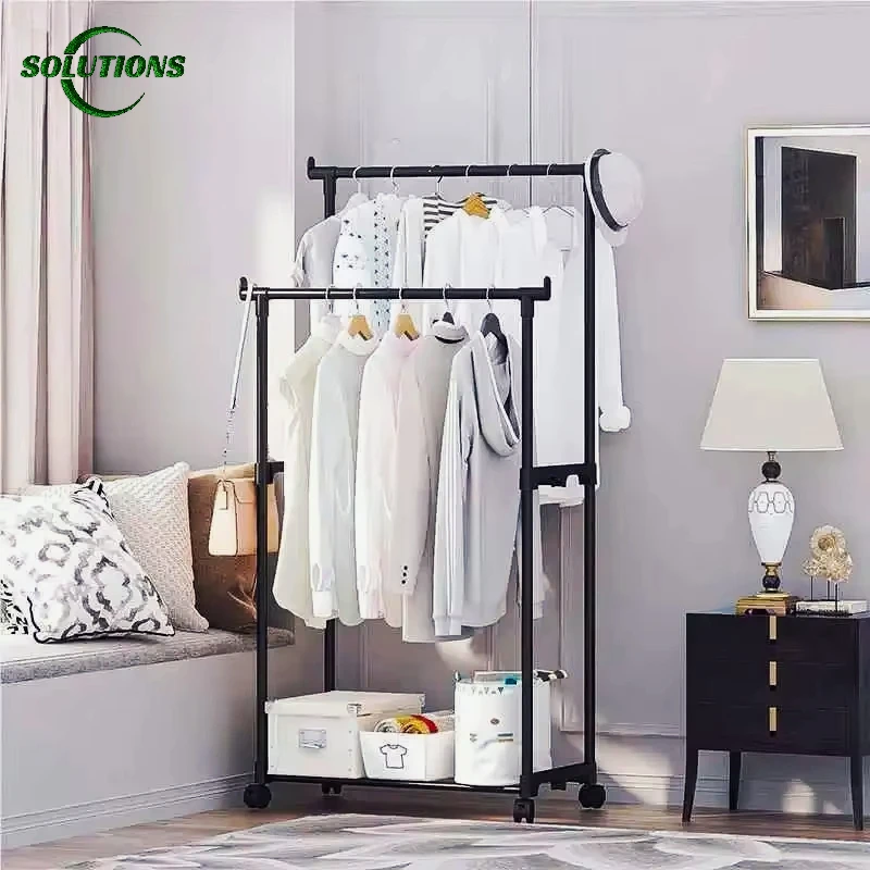 Clothes Rack Floor Standing Double Rod Double-Rod Multifunctional Telescopic Coat Rack With Wheels For Clothes Hats And Shoe