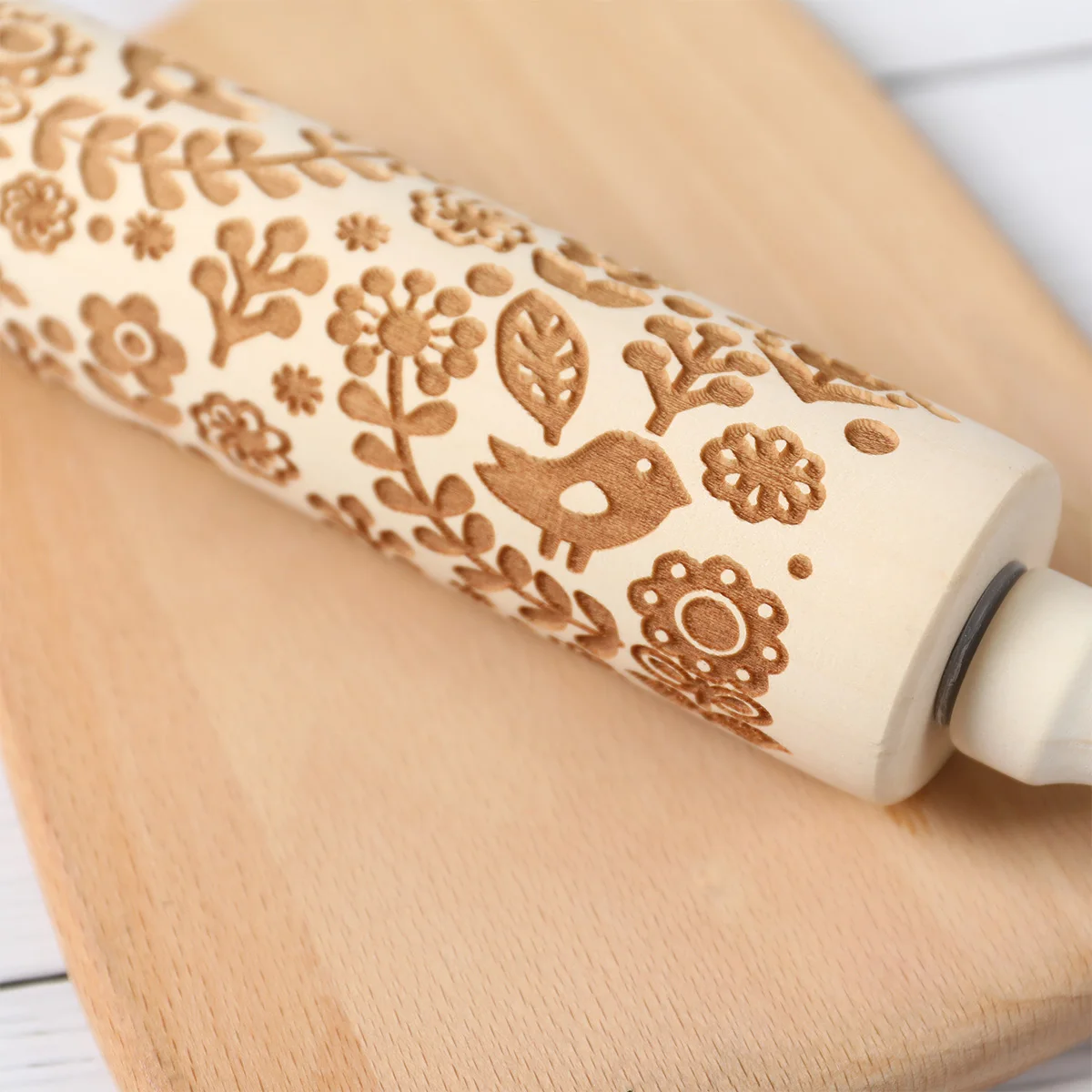 1pc 13.78in Wooden Embossed Rolling Pin 3D Cookie Mold For Pastry Baking Tools Flower Bird Deep Engraving Cookies Stamp Tool