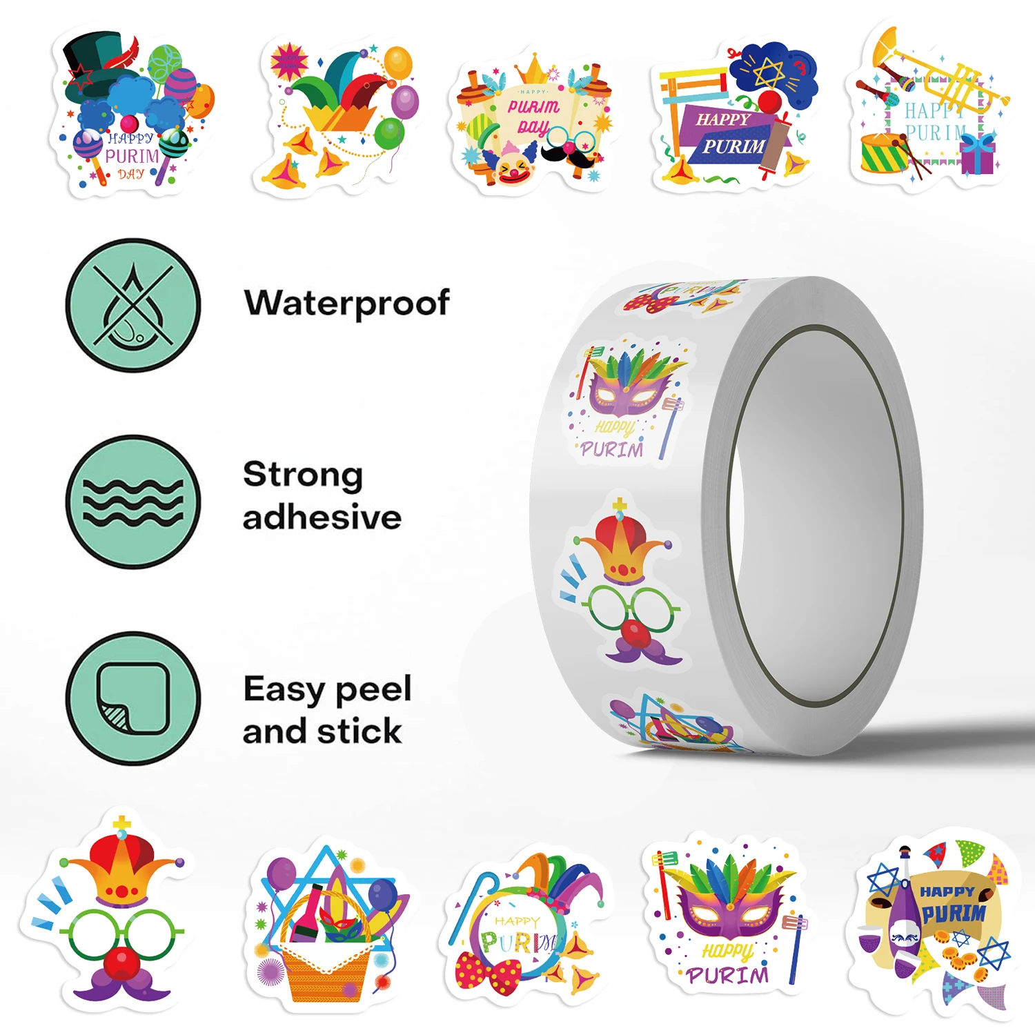 500pcs Purim Jewish Stickers Roll Vinyl Stickers Scrapbook Journaling Laptop Bumper Skateboard Water Bottles Computer Phone