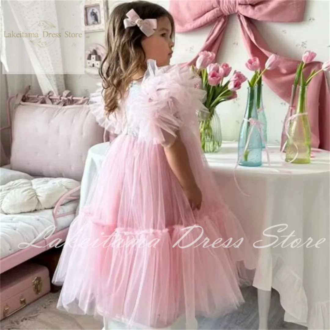 Flower Girl Dresses Tulle Puffy Sequin Short Sleeve For Wedding Birthday Party Banquet Holy Communion Gowns