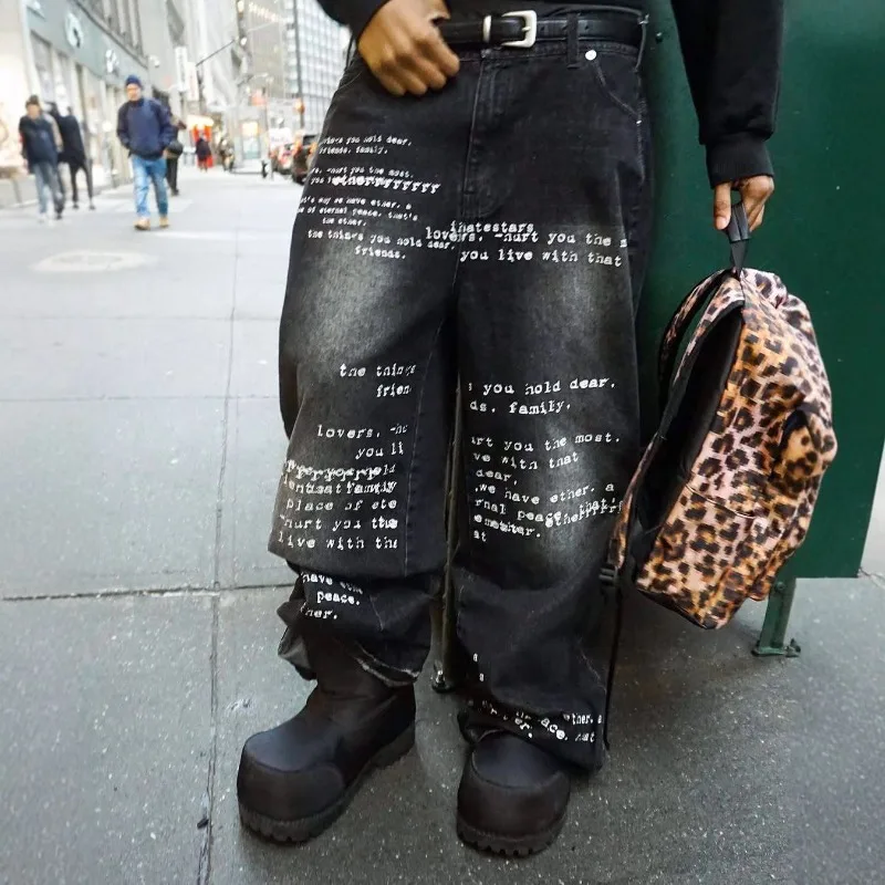 

Deeptown Y2K Black Retro Letter Graphic Man Women Jeans Washed Low Waist American Style Denim Pants Oversized Hip Hop Streetwear