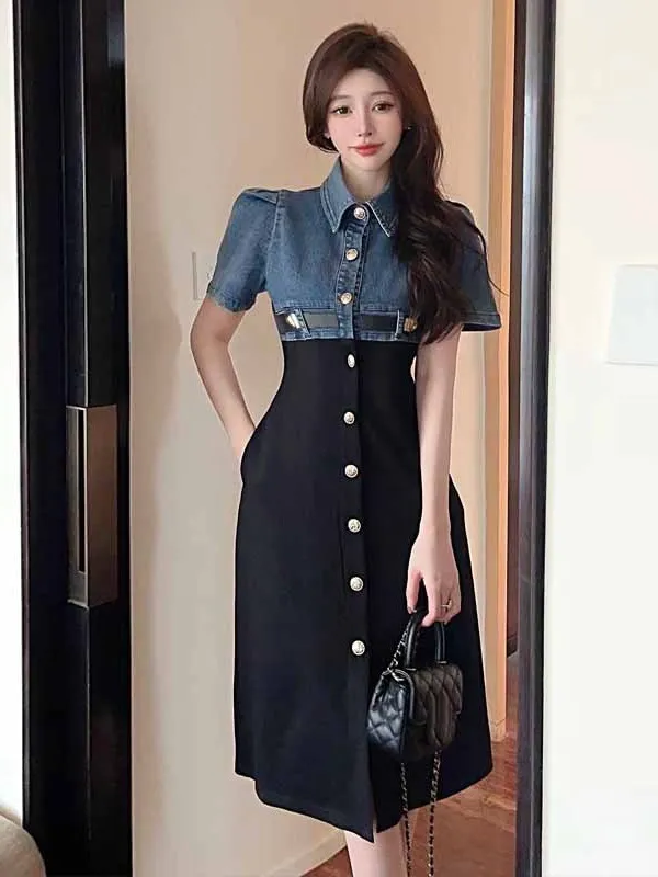 2024 Summer Fake Two Piece Denim Splicing Polo Neck Single Breasted Short Sleeve Dress Women Cinching Waist Slim Long Dress 02FB