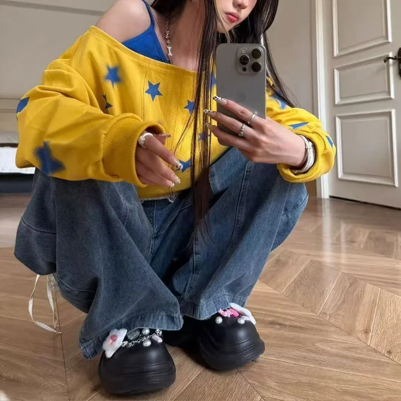 Stylish Off Shoulder Loose Sweatshirts Women's Clothing American Retro Star Spring Autumn Contrasting Colors Skew Collar Hoodies
