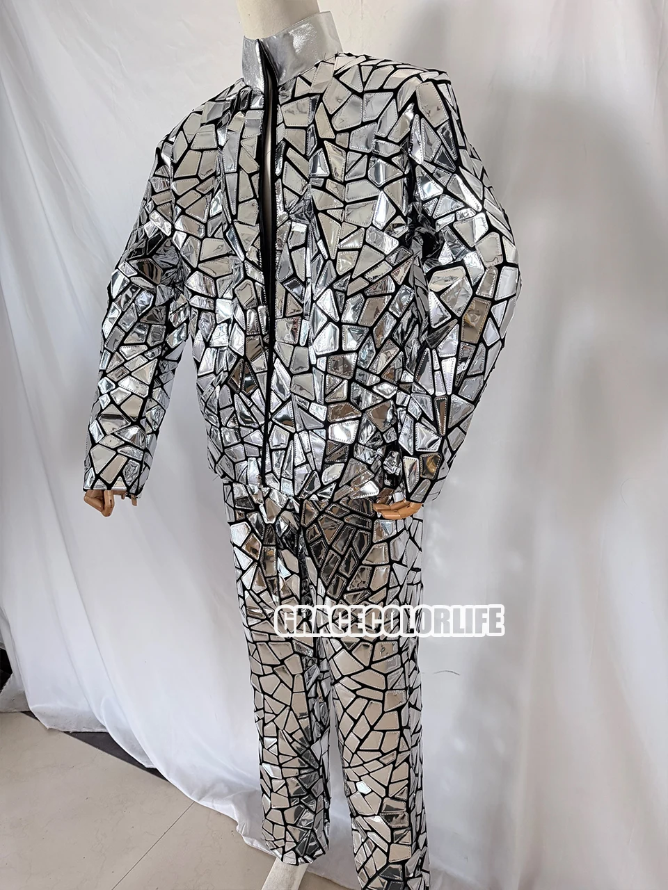 Silver Mirror-Finish Men's Masquerade Costume Reflective Dance Crew Outfit Bar Stage Performance Wear Holiday Party Attire