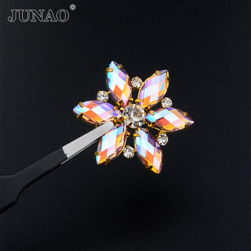 JUNAO 1 pz 36mm fucsia AB cucito strass applique fiore cristalli di vetro applique artiglio d\'oro cucire su gioielli per la realizzazione di abiti