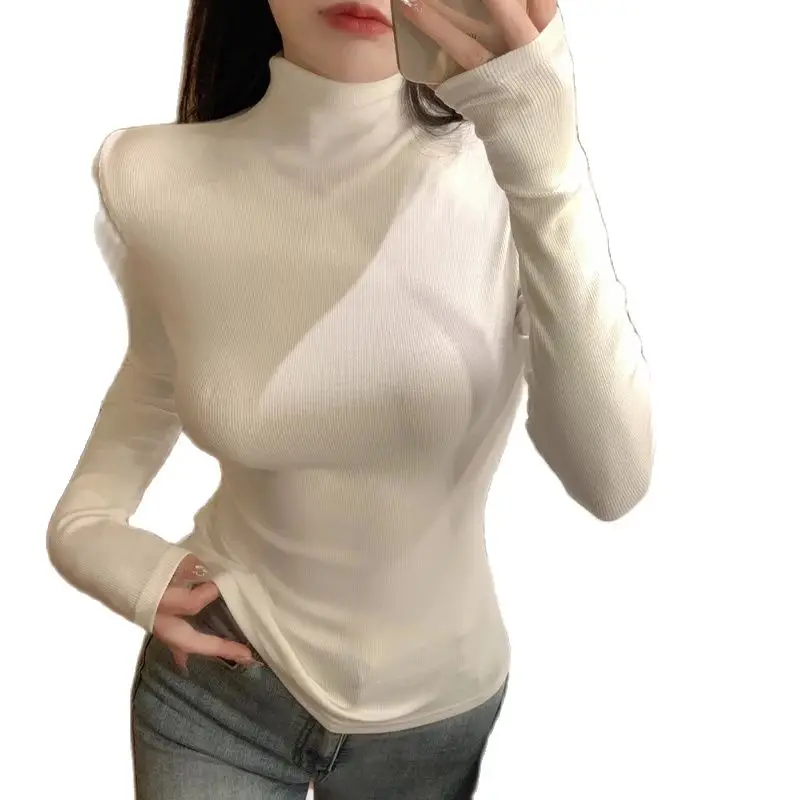 

Hot Girls Knit T-shirt Super Elatic Winter Fall Korean Fashion Women Long Sleeves Turtle Neck Slim Fit Warm Top