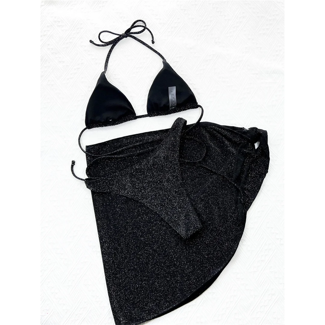 Glitzernder, funkelnder Wickel-Bikini, Damen-Badebekleidung, dreiteiliger Bikini-Set, Sarong, Badeanzug, Badebekleidung, Modell V3679 – Detail 30