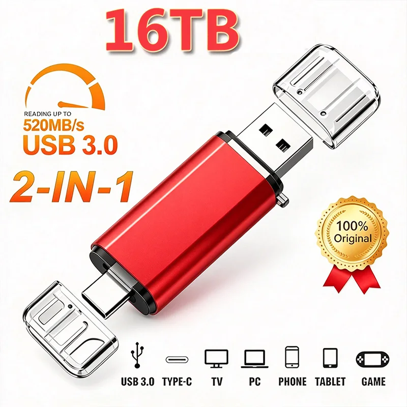 New 16TB 2-In-1 USB 3.0 Flash Drives OTG Type USB C Adapters Large Capacity 8TB 2TB 1TB For iPhone Samsung Huawei Memory Stick