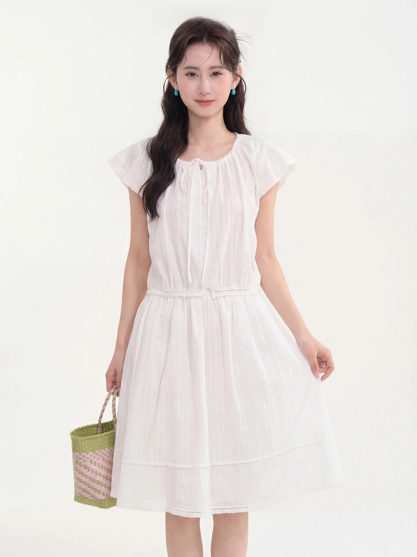 

Summer Women's Shirt Skirt Set Short Sleeve Button up Drawstring Design Sweet Tea Print Half-length Skirt Two-piece Ensemble