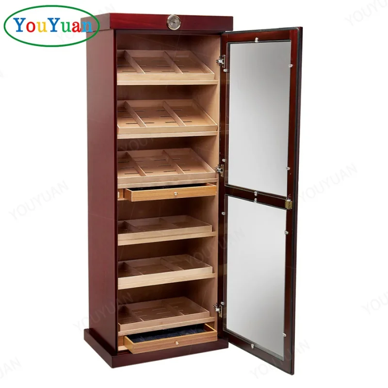 (Customized) cigar show Commercial led smoke shop showcase display single door cigar humidor cabinet cigar Tower Cedar