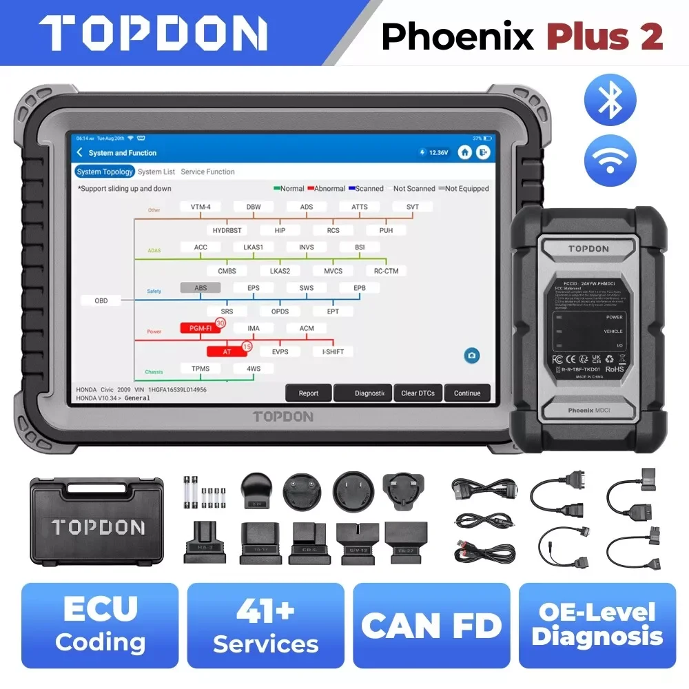 Topdon Phoenix Plus 20, автомобильный диагностический инструмент, сканирование кодирования ЭБУ, двунаправленный профессиональный сканер OBD2, активный тест