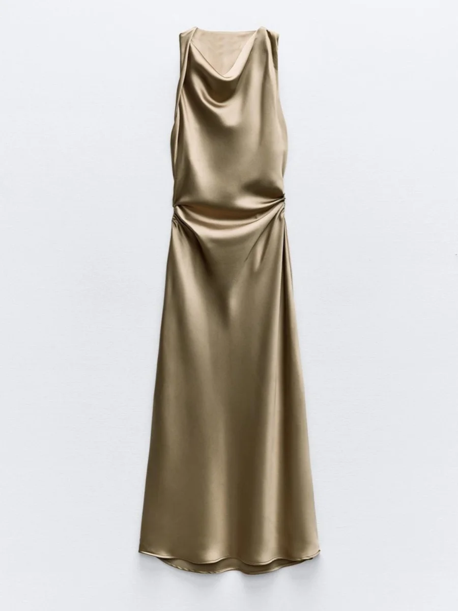 Letnia Nowa Damska Jedwabna Satynowa Długa Sukienka Midi z Wąskim Pasem Wyszczuplająca Okrągły Dekolt Inny 00% Materiał Midi Dr