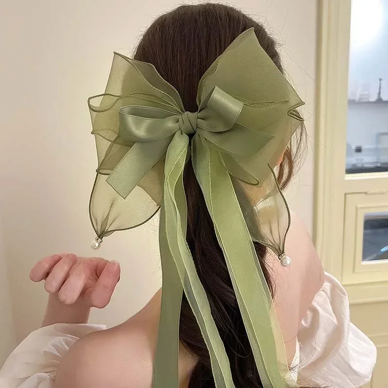 New Large Green Bowknot Ribbon Hairpin for Women Korean Solid Color Scarf Hairpin Ponytail Clips Girls Hair Accessories