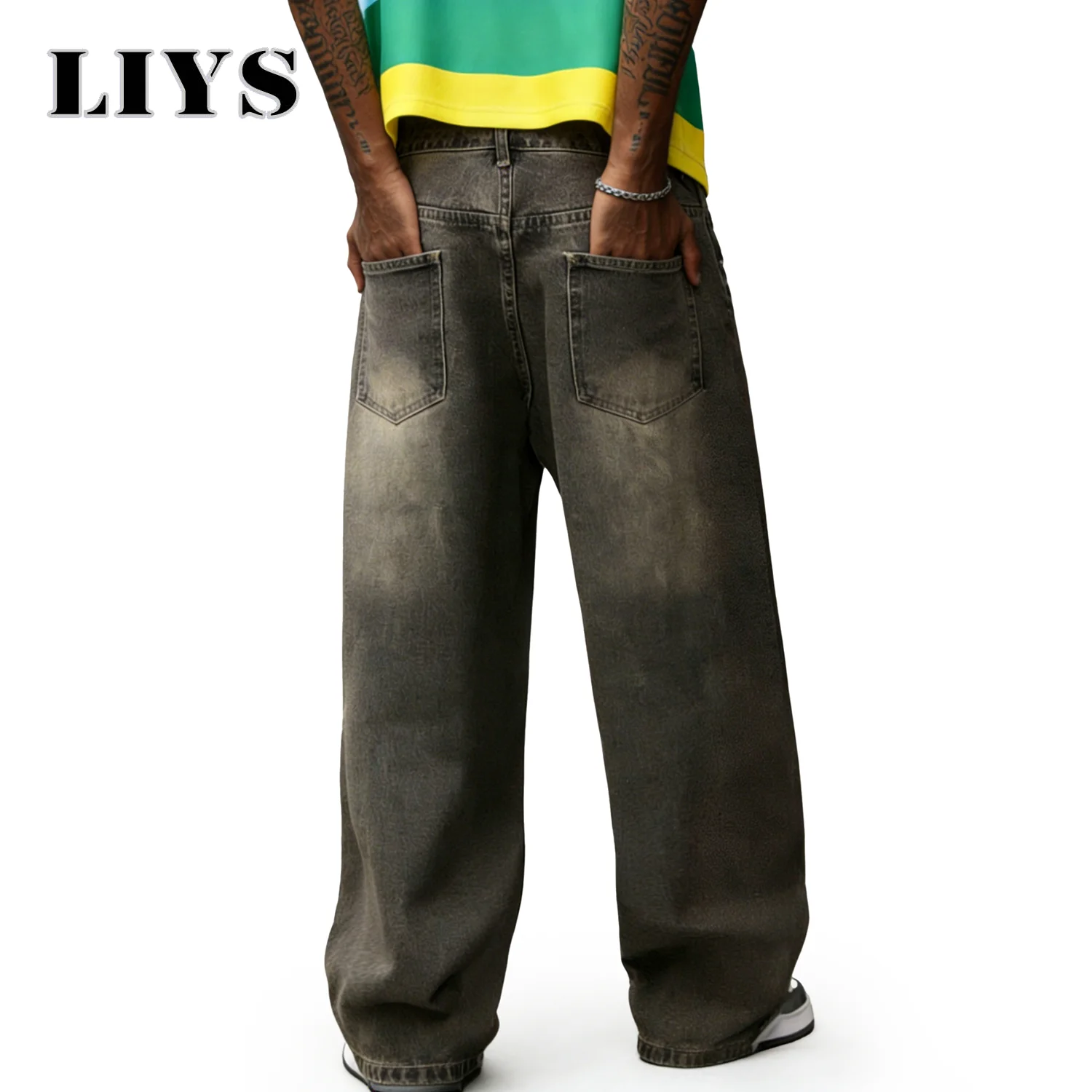 LIYS Men's American Retro Washed Ultra Baggy Wide Leg Jeans Four Seasons Split Splicing Denim Pants Unisex Denim Mopping Pants