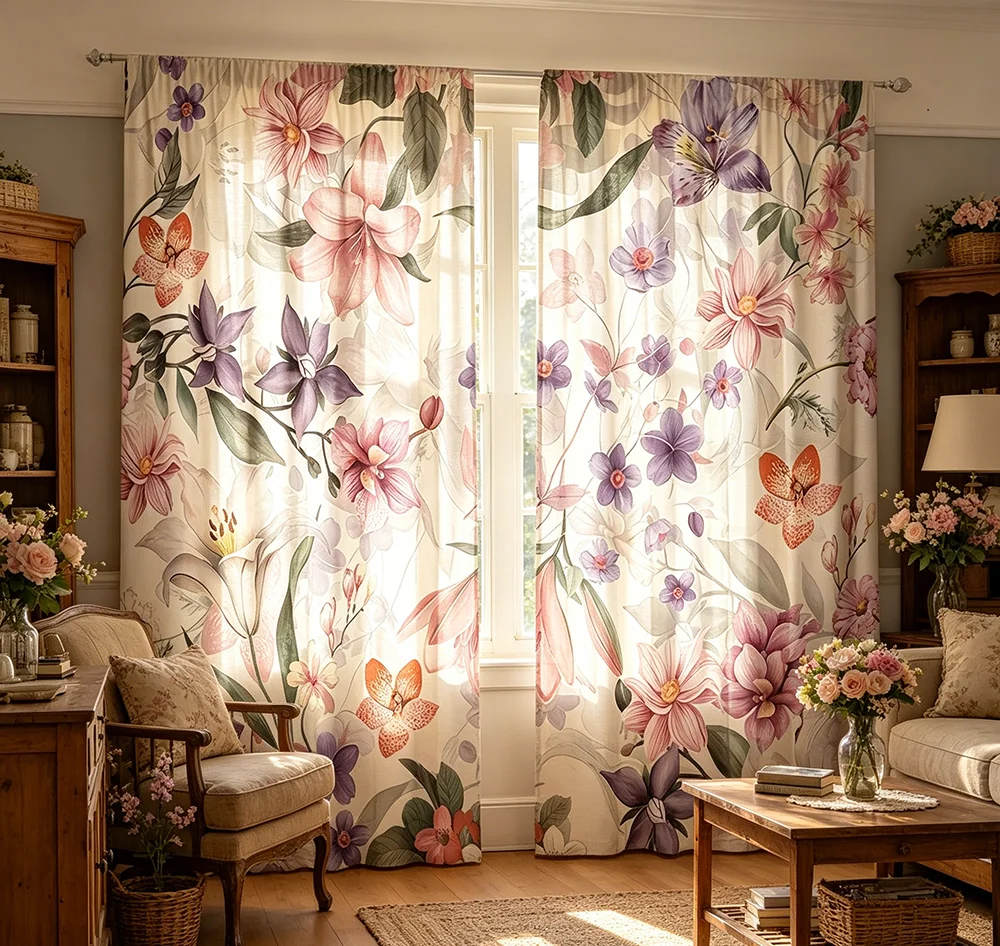 2PCS Digital Printing Curtains, Pink Purple Watercolor Floral Lily Flower Pattern, Elegant Luxury Romantic Living Room Decor