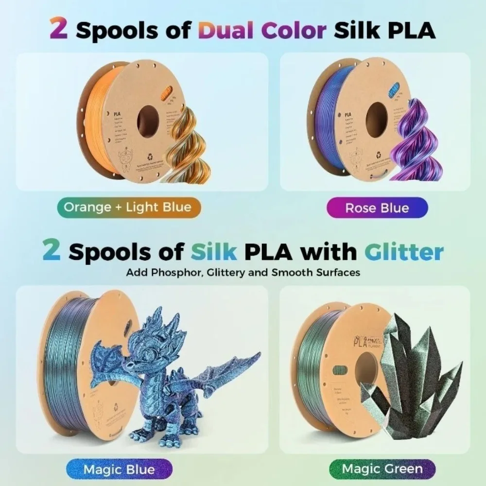 طقم خيوط PLA الحريرية 10 كجم، طباعة حريرية ثلاثية الألوان وثنائية اللون PLA، طباعة قوس قزح ثلاثية الأبعاد لامعة متعددة الألوان سريعة التغيير