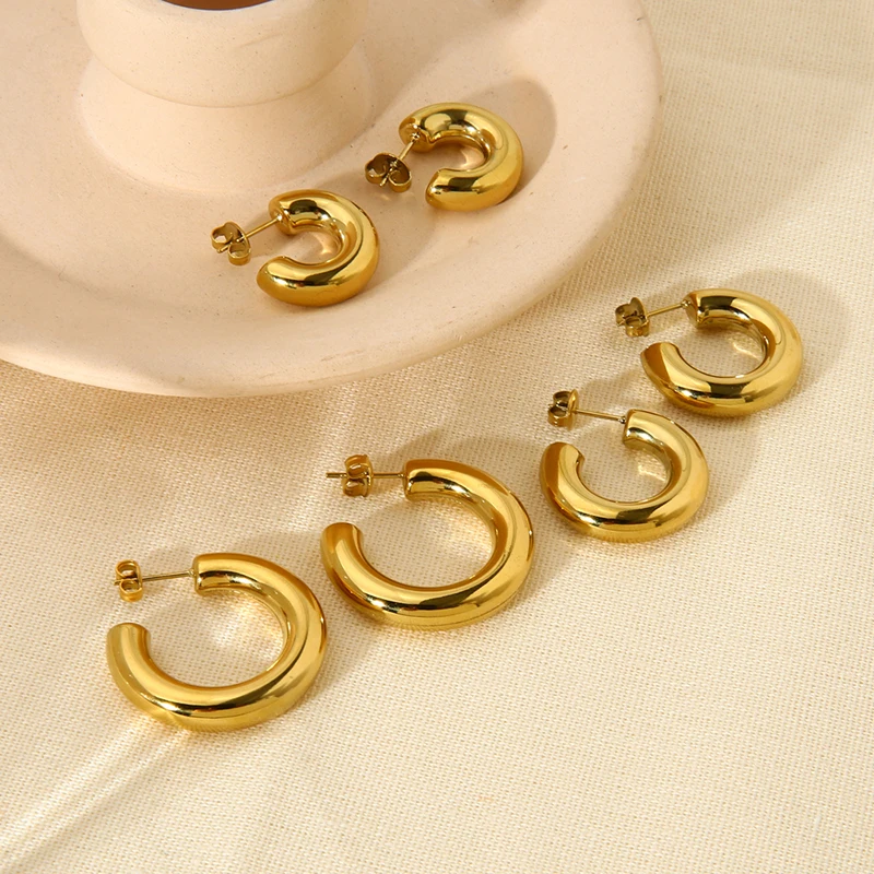 14K Gold Plated Stainless Steel Lightweight Hypoallergenic Chunky Open Hoops Jewelry for Women Tube Stud Earrings Gift