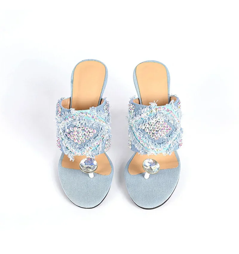 Summer New Fashion Denim Metal Teeth Sandals European American With Profiled Heels High-heeled Runway Show Women's Sandals