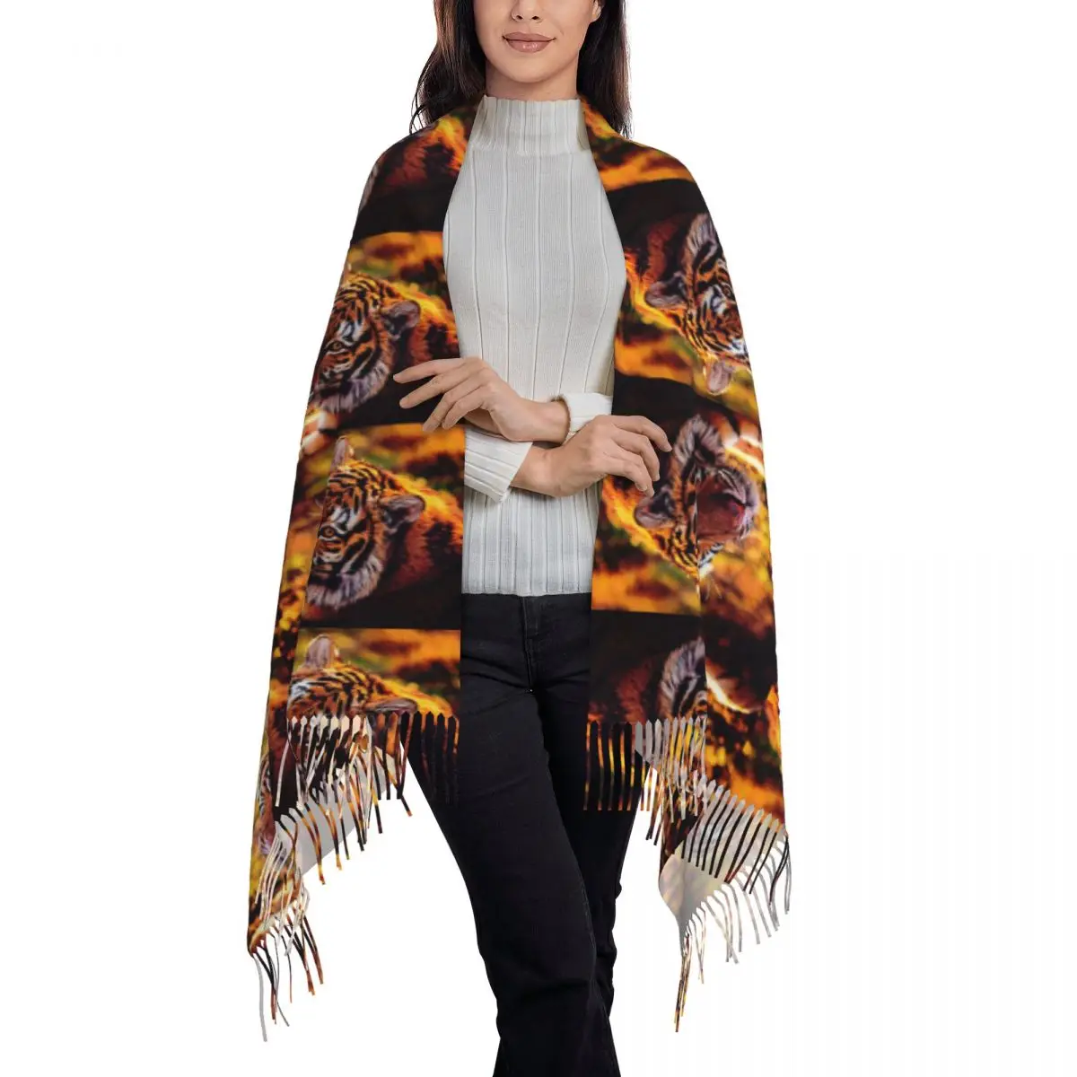 Bengal Tiger Animal Scarf Tassel Scarves Women Soft Warm Shawls and Wraps Large Fall Winter Shawl Wrap