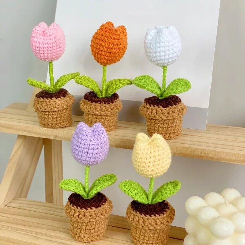 New Hand Knitting Potted Plants Handwoven Rose Sunflower Tulip Crochet Flower Bouquet Potted Ornament Table Home Room Decoration