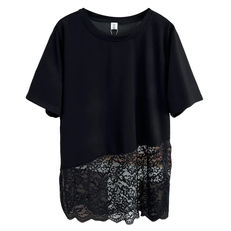

Женские топы больших размеров, модные летние новые стильные кружевные лоскутные футболки с короткими рукавами, повседневная футболка 100 кг 1663