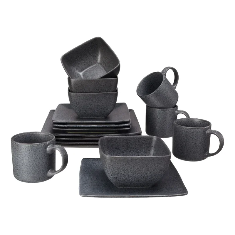 

Better Homes & Gardens- Dark Gray Square Stoneware 16-Piece Dinnerware Setdishes dinner plates dinnerware set