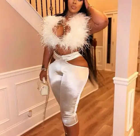 

Women's Fur Collar Cropped Pants Set Autumn Winter Lace up Hollowed out Waist Exposed Back Hanging Neck