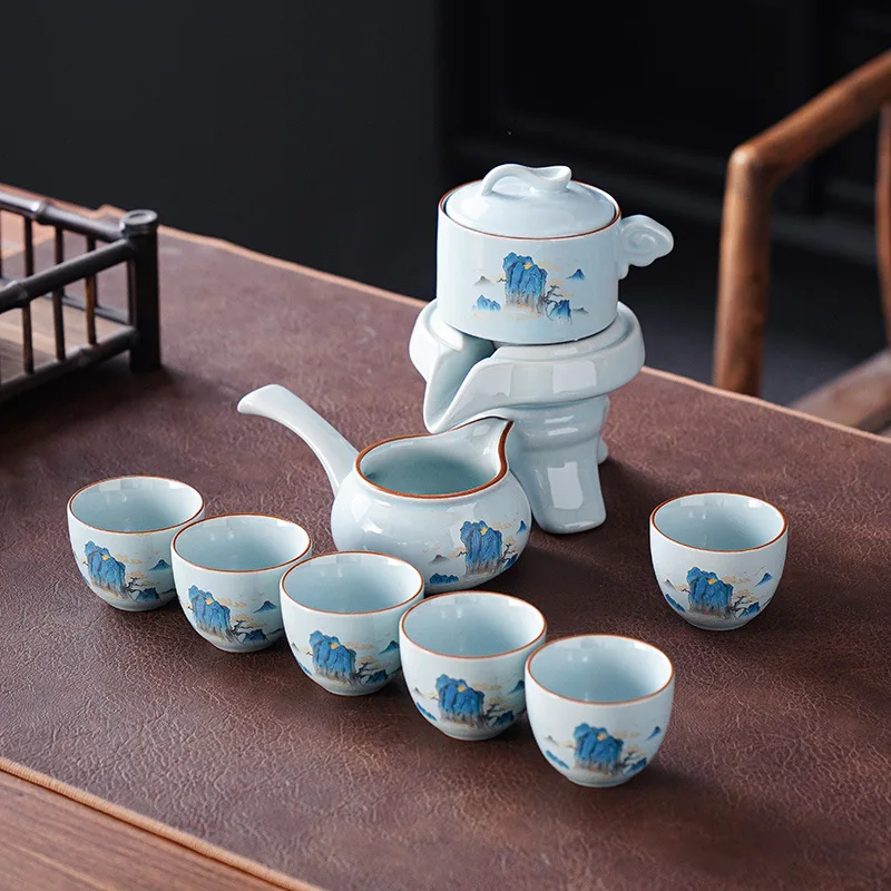 

Kung Fu Tee Set Luxus halbautomat ische Tee tassen Sets von 6 Landschaft Haushalt Keramik ru Ofen faule Menschen japanische Teek