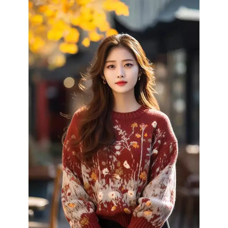 

sweater knit Knitwear Woman clothes Women's sweater Pullover Winter clothes woman cozy 2025 Autumn and Winter New Retro Red