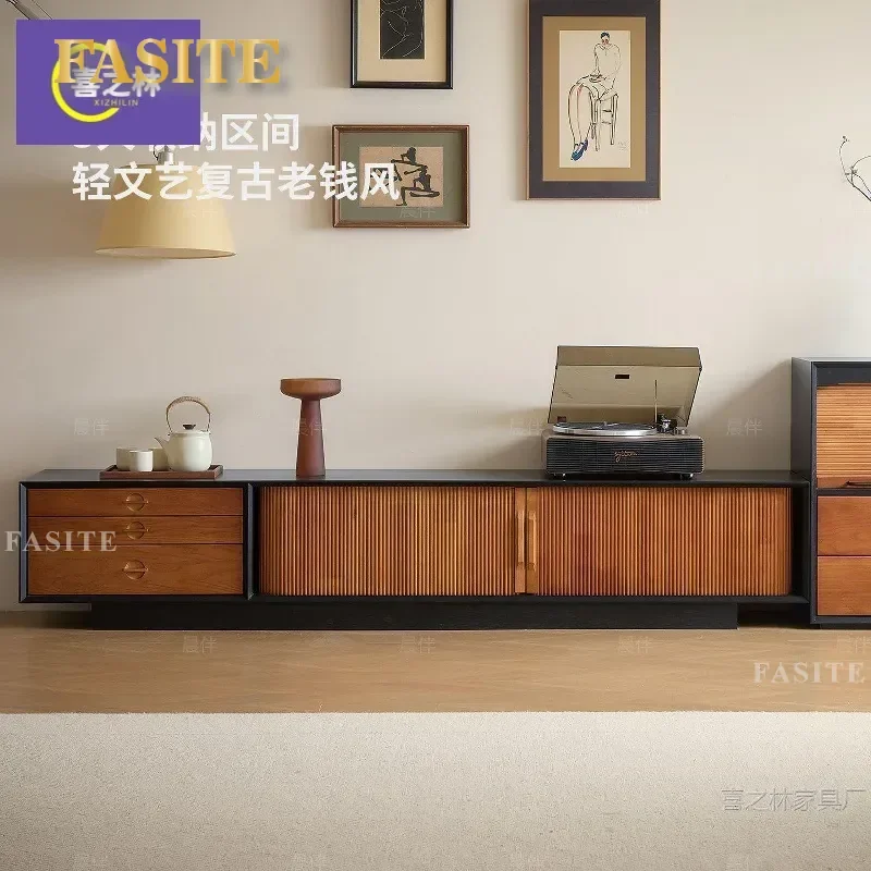 For Small Apartment Living Room French Antique Black Solid Ash Wood TV Cabinet Retro Home Furniture Storage Console