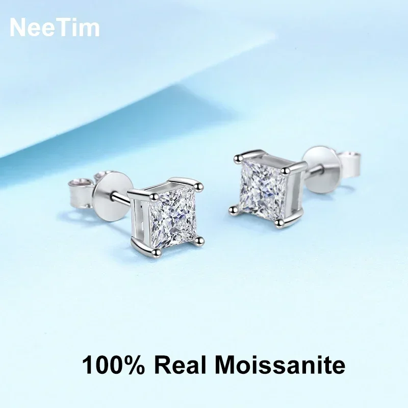 NeeTim 1ct 2ct Princess Cut Moissanite Earrings s925 Sterling Silver Plated with White Gold Plated Ear Studs for Women Jewelry