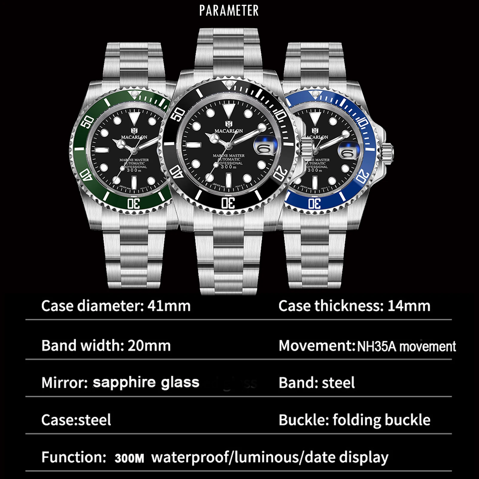 MACARLON Design New 41mm Mechanical Watch Men TOP Sapphire Glass Luminous Stainless Steel Waterproof China NH35 Automatic Watch view 6