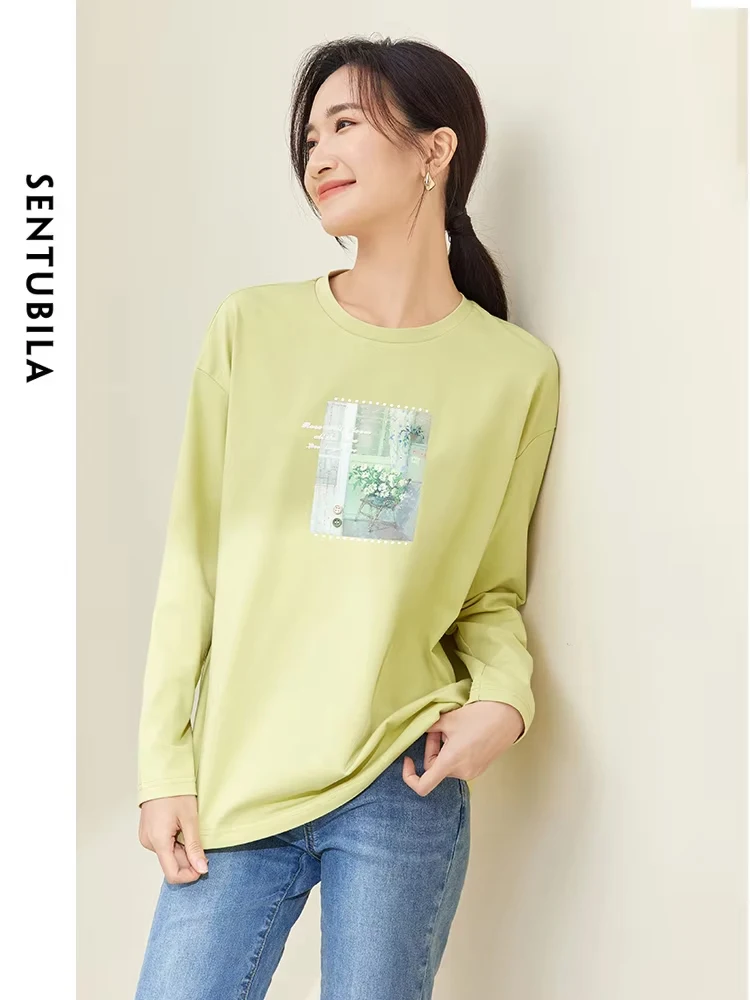 SENTUBILA Autumn Women\'s Print Long Sleeve T-Shirts 2024 New Simple Loose Round Neck Tshirt Female Bottoming Shirt Top M33T50564