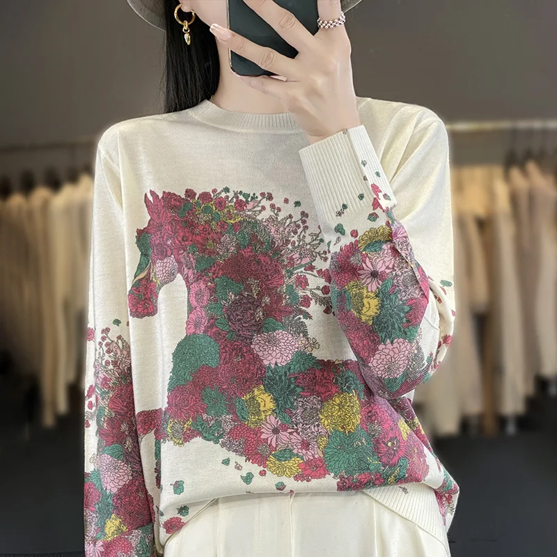 Autumn And Winter New Worsted Wool And Mulberry Silk Printed Round Neck Sweater Fashion Joker Knit Loose Bottoming Shirt Top