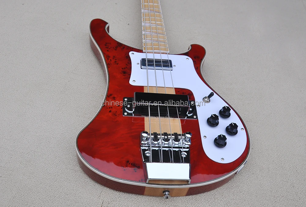 Flyoung Wine Red Electric Bass Guitar 4 Strings Burl Maple Veneer Neck Through Body